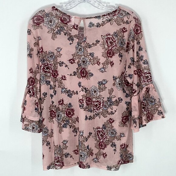No Boundaries Top Women XL‎ Floral Pink Mesh Semi Sheer 3/4 Sleeve Ruffle - Picture 3 of 15